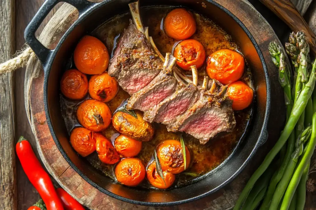 A roasted venison shoulder surrounded by vegetables, cooking in a Dutch oven, showcasing a rustic, comforting meal.