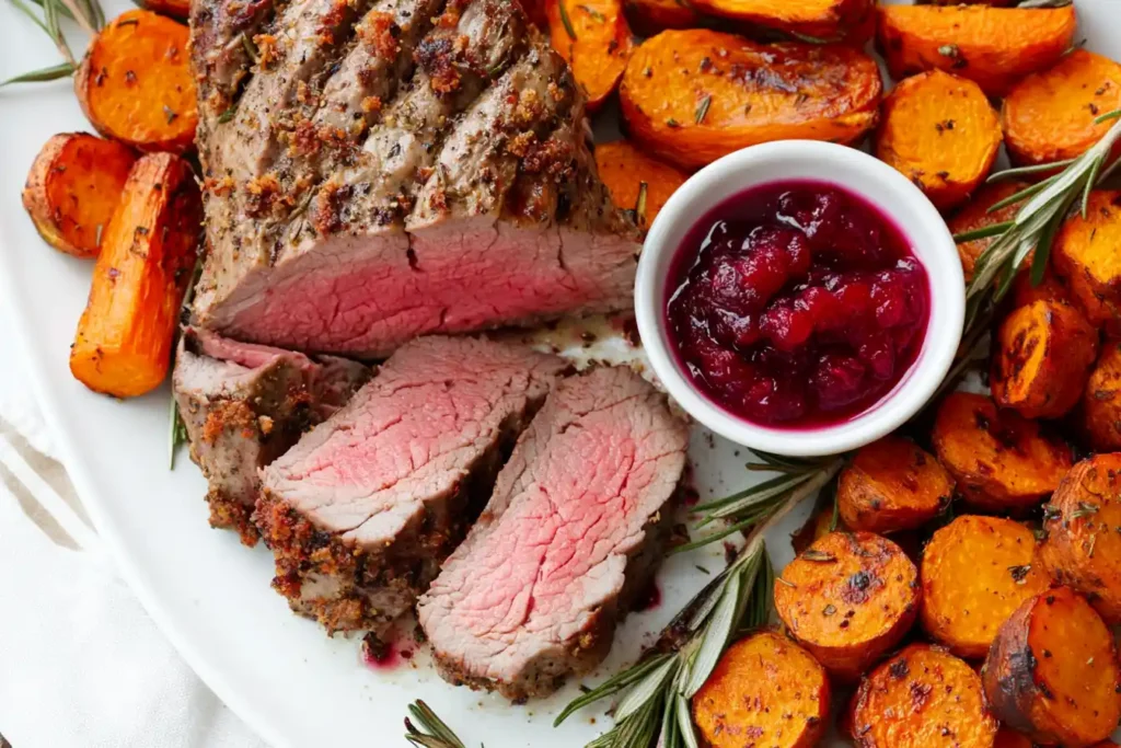 A beautifully plated venison roast served with roasted root vegetables and a side of cranberry sauce in a small bowl.