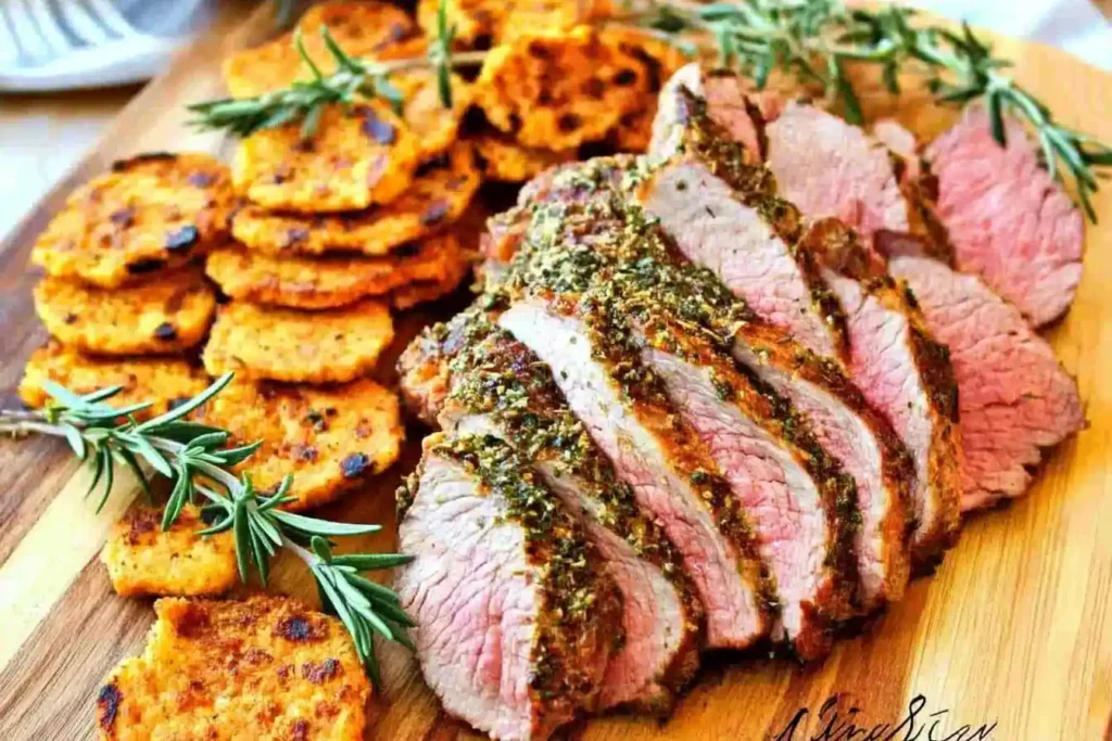 A golden, herb-crusted venison roast on a wooden cutting board with rosemary sprigs around it.