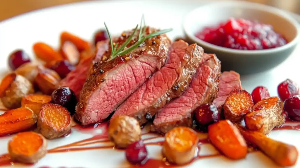 A beautifully plated venison roast served with roasted root vegetables and a side of cranberry sauce in a small bowl.