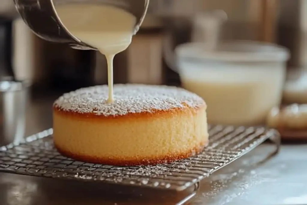 A freshly baked sponge cake on a cooling rack with a red border and a bowl of milk mixture nearby, ready to pour.