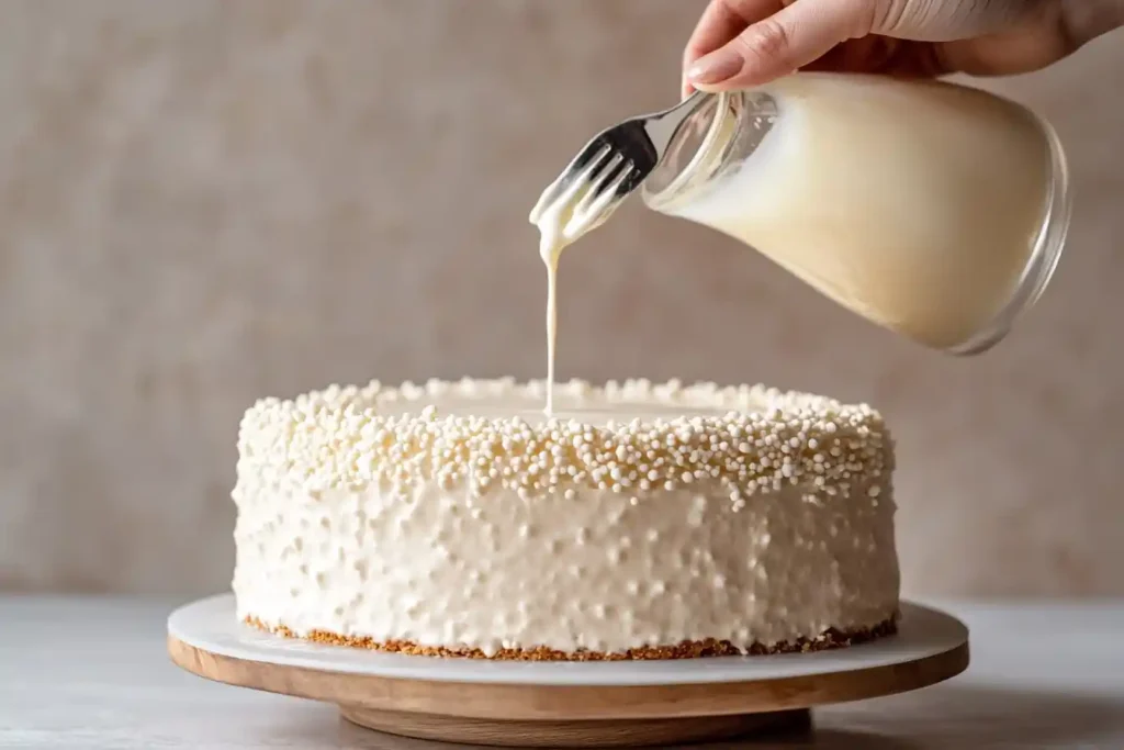 A hand pouring milk mixture onto a cake while using a fork to make tiny holes on the surface.