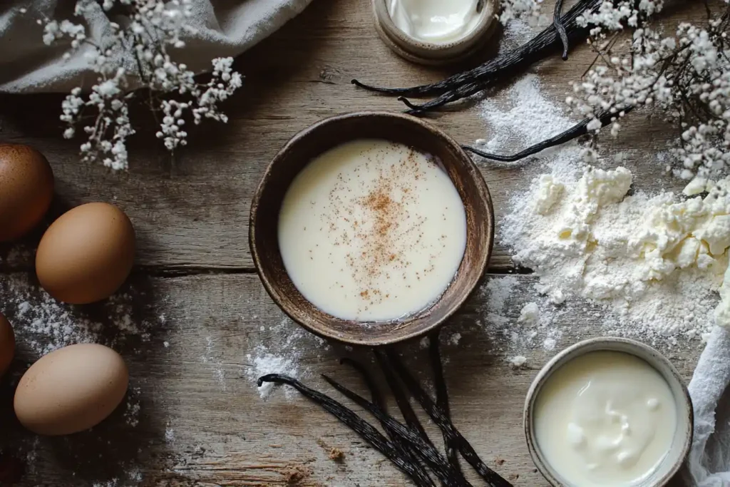 An artful flat-lay of tres leches ingredients: condensed milk, evaporated milk, heavy cream, eggs, and vanilla pods arranged on a rustic kitchen counter.