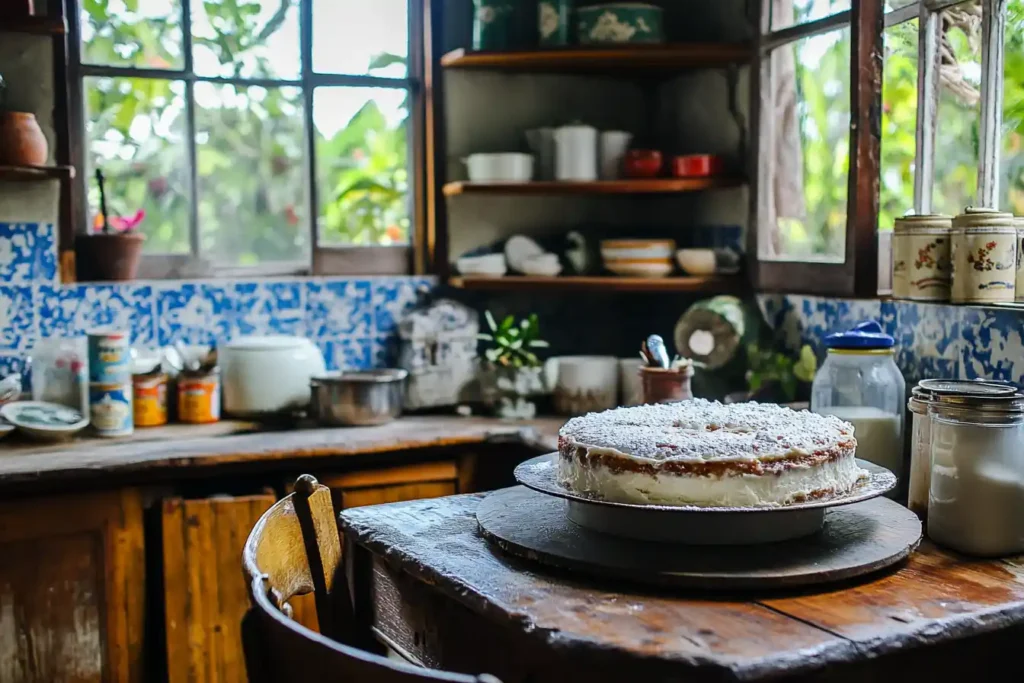 An antique Latin American kitchen featuring traditional ingredients like canned milk and vanilla for making tres leches cake.