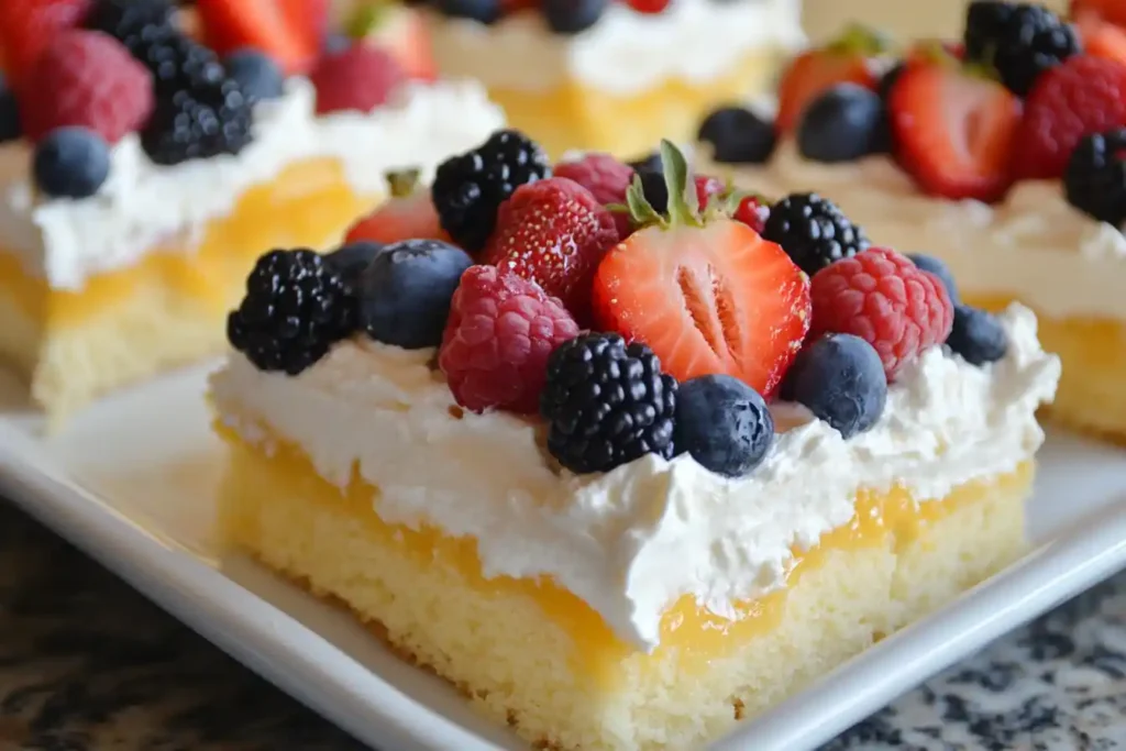 A colorful tres leches cake topped with fresh fruits and decorated with edible flowers.