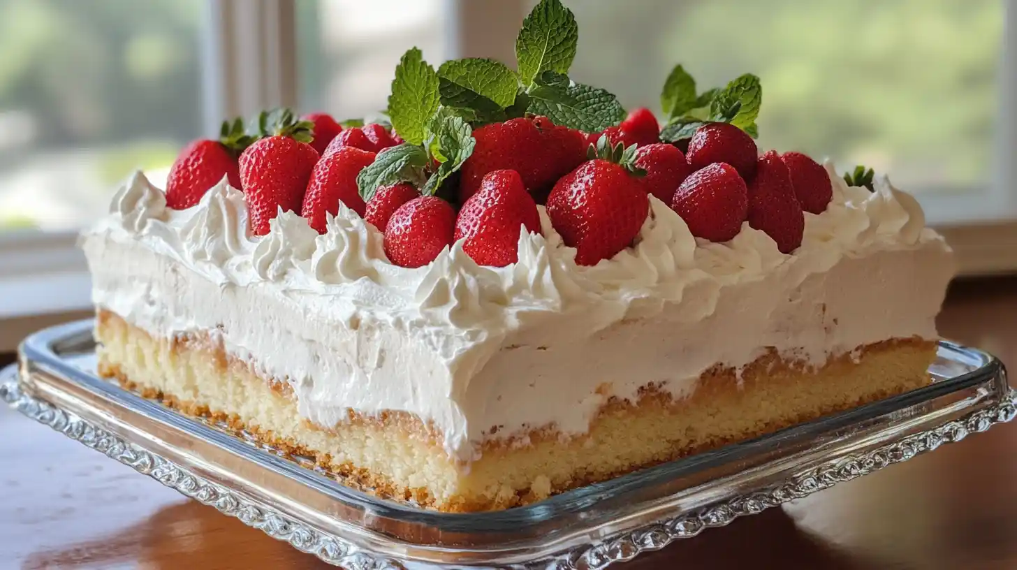 A rectangular tres leches cake topped with fluffy whipped cream, fresh strawberries, and sprigs of mint, served on a decorative glass platter.