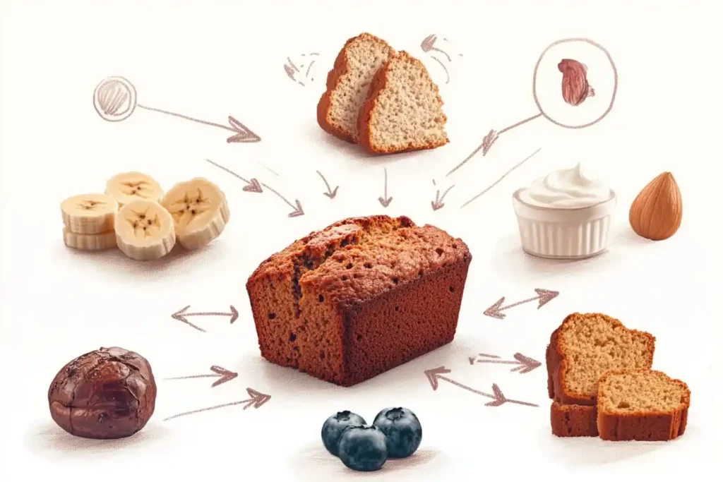 Illustrated banana bread ingredients with arrows indicating their roles, such as leavening, moisture, and flavor.