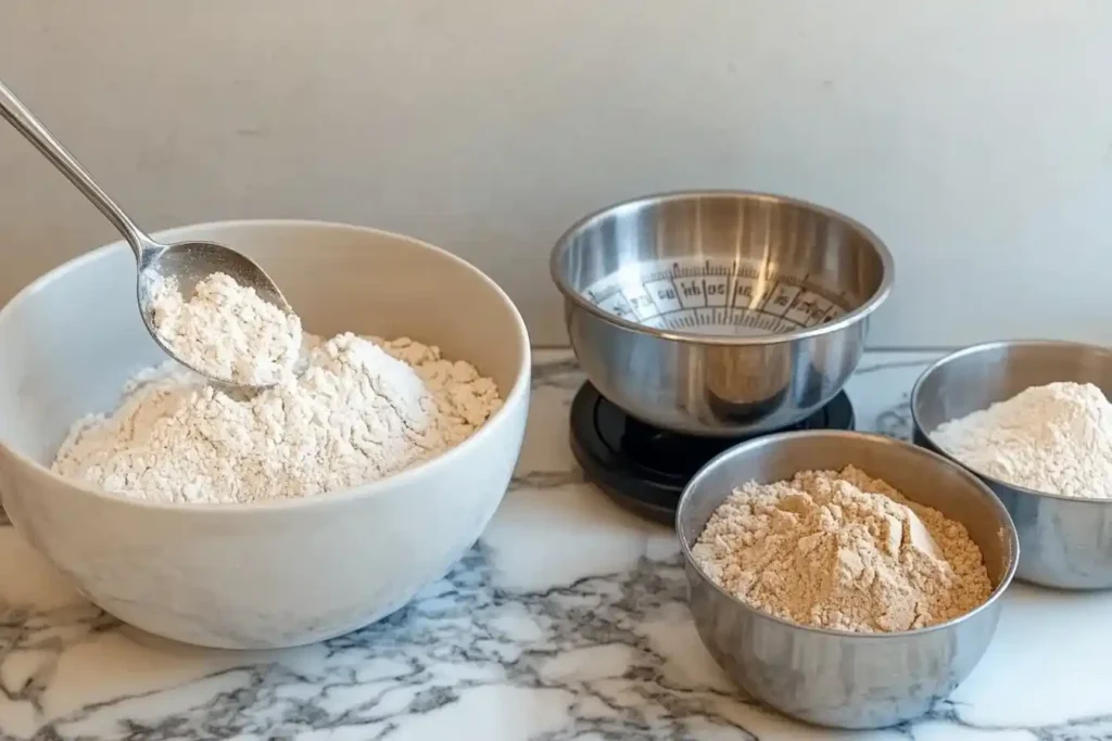 Flour being spooned into a measuring cup, with a kitchen scale and neatly arranged ingredients on a countertop.