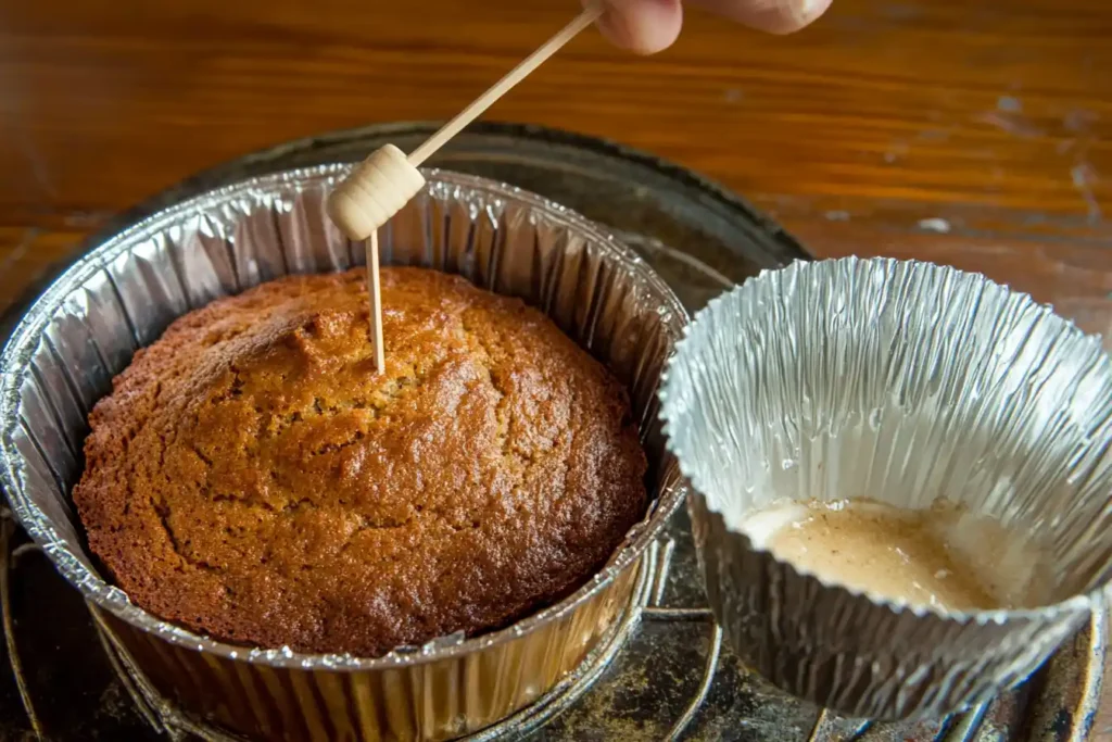 Close-up of a toothpick being inserted into a golden-brown banana bread loaf in a baking pan.