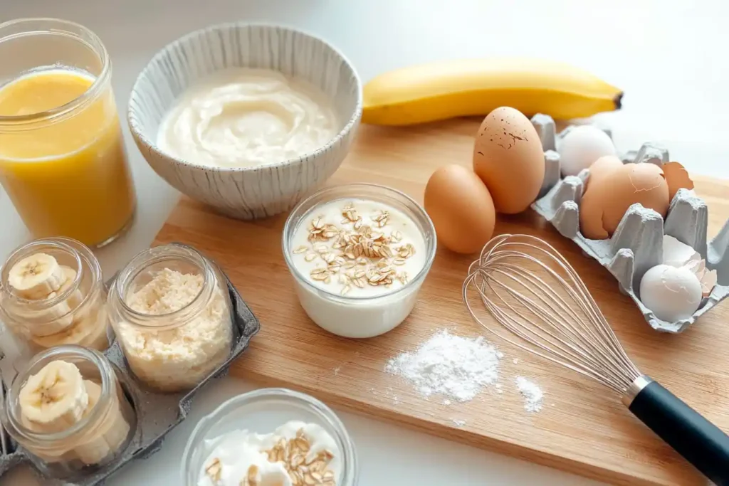 Flour being spooned into a measuring cup, with a kitchen scale and neatly arranged ingredients on a countertop.