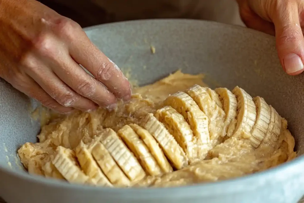 Close-up of a baker folding banana bread batter in a large bowl, with a smooth and creamy texture.