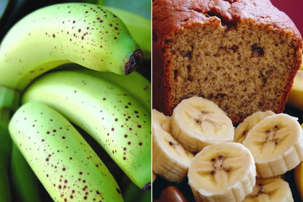 Unripe green-tinted bananas and ripe bananas with brown spots compared side by side, with a loaf of banana bread in the background.