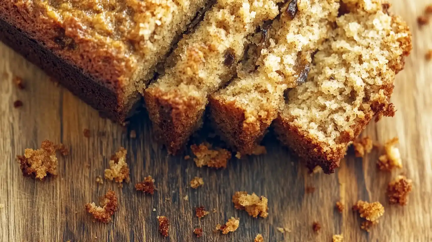 Close-up of a banana bread loaf cross-section showing moist texture, visible banana pieces, and a golden-brown crust on a rustic wooden cutting board with crumbs scattered around.