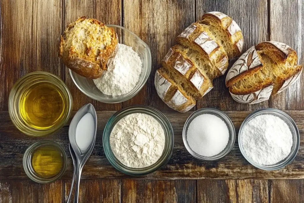 Flat-lay of bread-making ingredients—flour, water, yeast, salt, and oil—on a rustic wooden table.