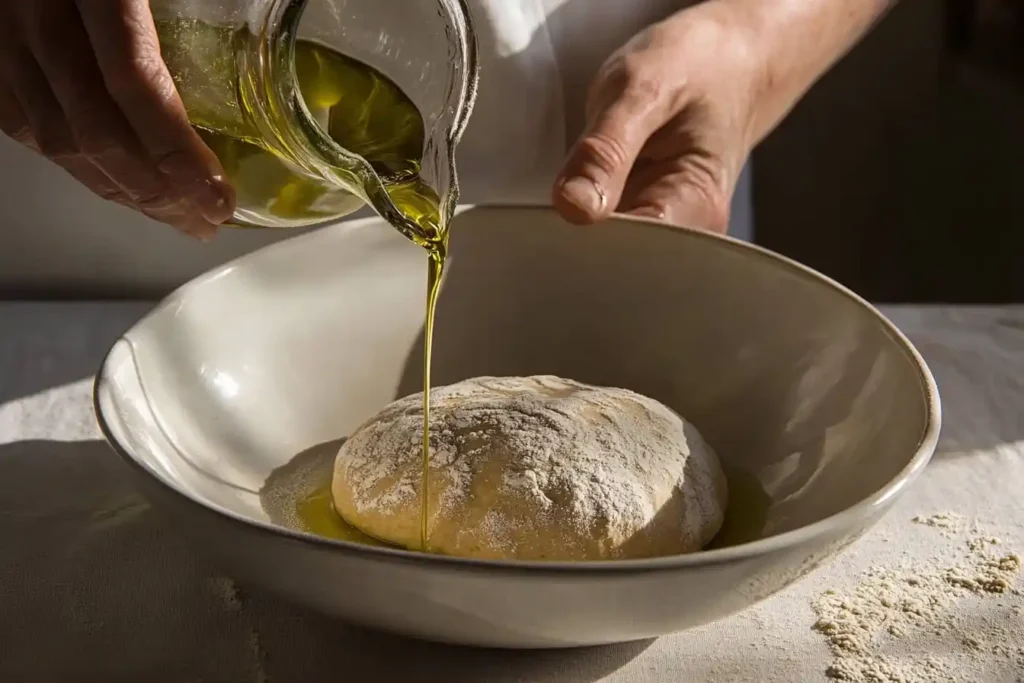 A baker pouring oliveoil into a bowl of bread dough, with soft window lighting creating a warm ambiance.