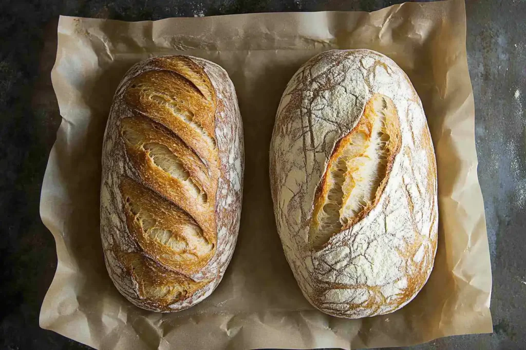 Visual comparison of two bread loaves, one made with oil(soft crumb) and one without oil(dense texture).