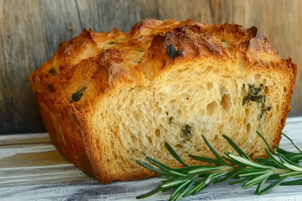 A loaf of golden herb bread garnished with rosemary sprigs, framed by a red border for emphasis.