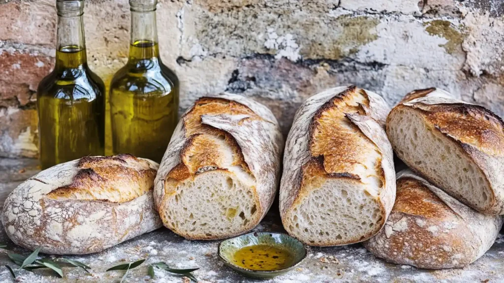 Close-up of freshly baked bread loaves with a soft crumb and golden crust, accompanied by bottles of olive oil.