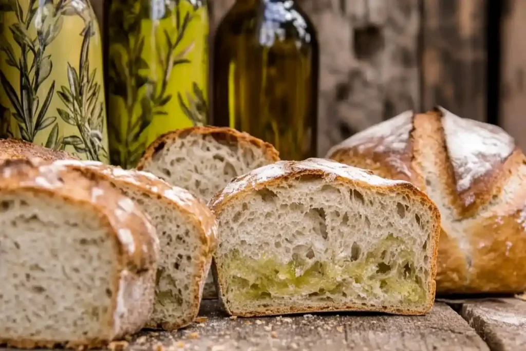 Freshly baked bread loaves with a soft crumb and golden crust, surrounded by bottles of olive-oil.