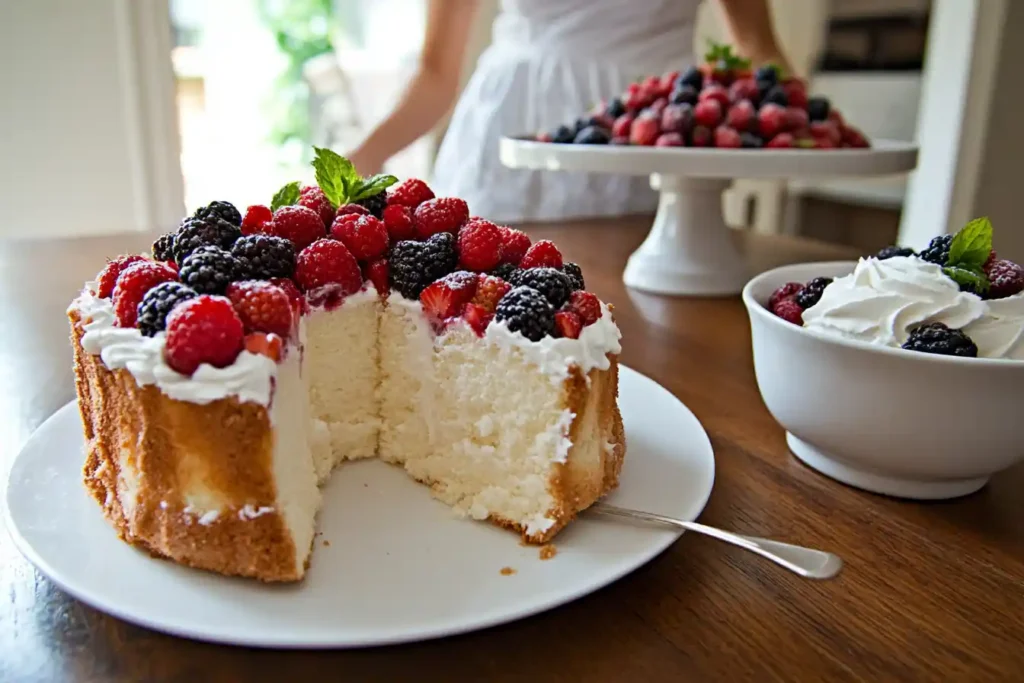 A sliced angel food cake topped with fresh berries and a dollop of whipped cream on a white plate.