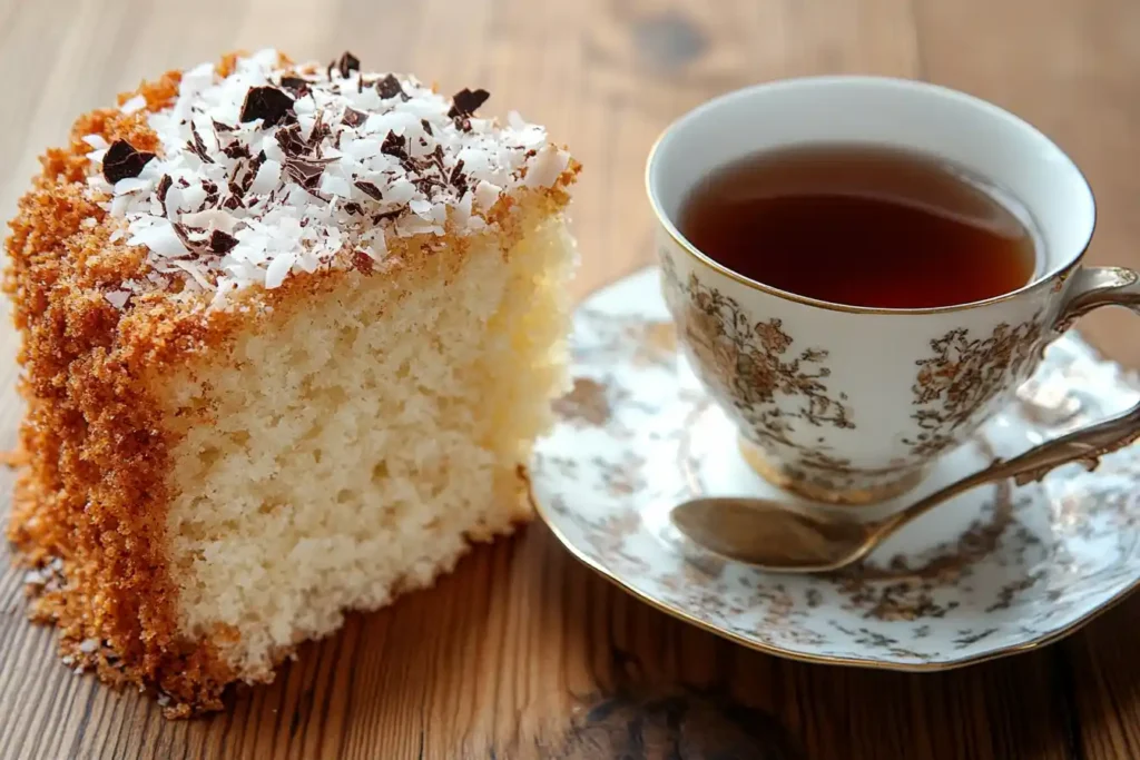 An angel food cake garnished with shredded coconut or chocolate drizzle, paired with a cup of tea.