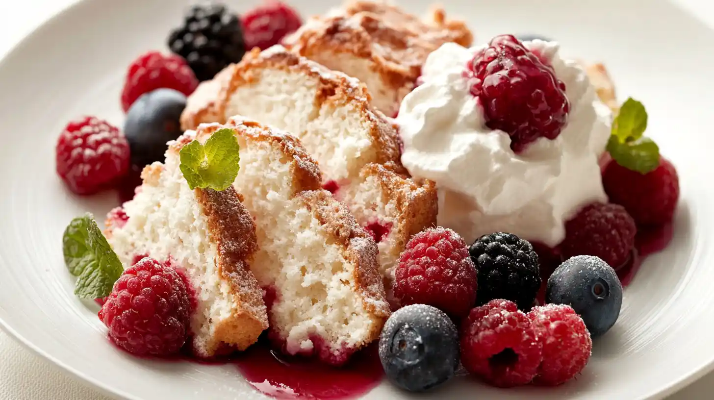 A close-up of a sliced angel food cake topped with fresh raspberries, blueberries, and blackberries, served with whipped cream and garnished with a sprig of mint.