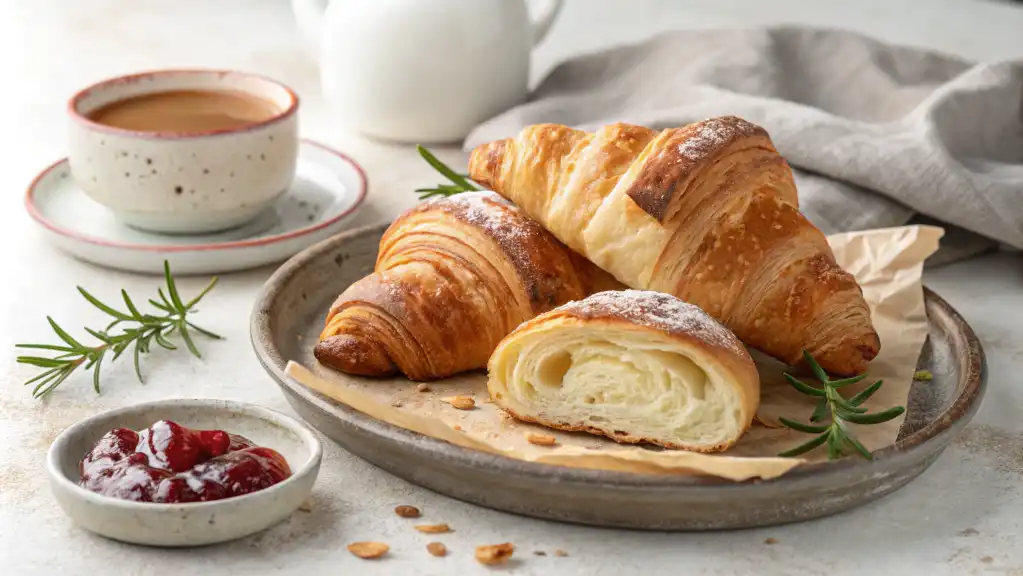 A beautifully arranged featured image of high-quality Swiss Gipfeli (croissants), elegantly displayed on a rustic ceramic platter