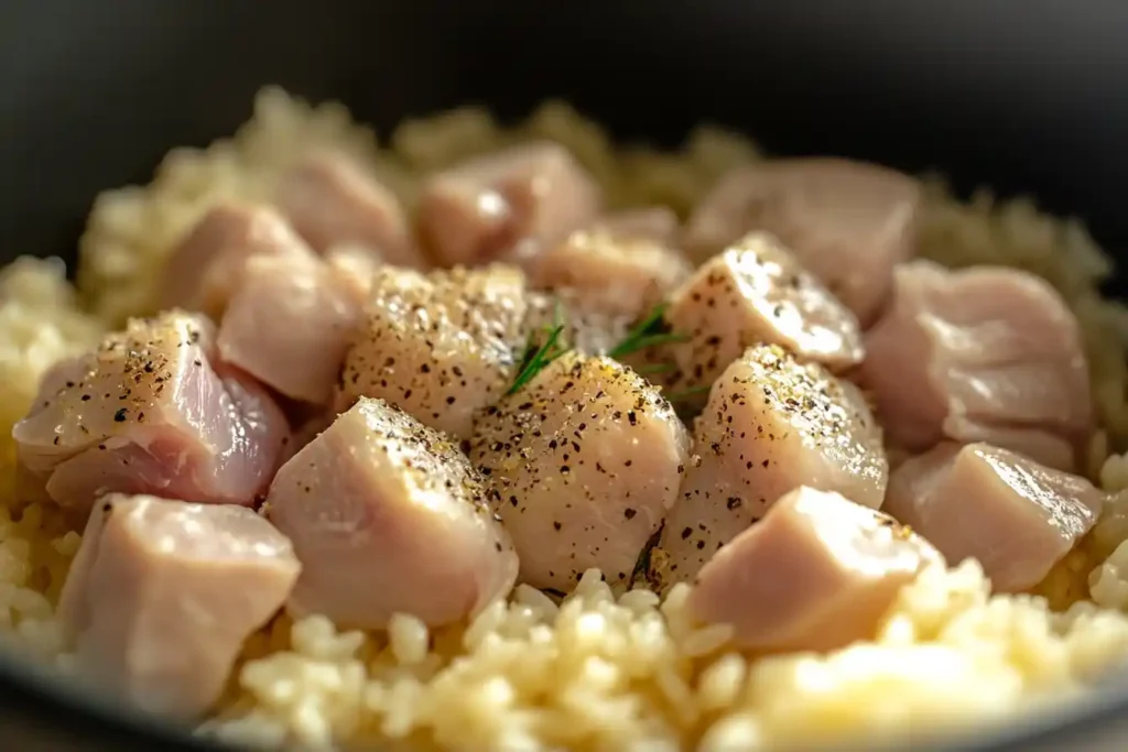 A close-up of seasoned chicken and uncooked rice in a pot, sprinkled with spices and herbs, prepared for cooking.