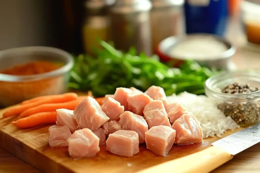 A vibrant tabletop spread of raw ingredients including chicken, rice, spices, and chopped vegetables on a cutting board.