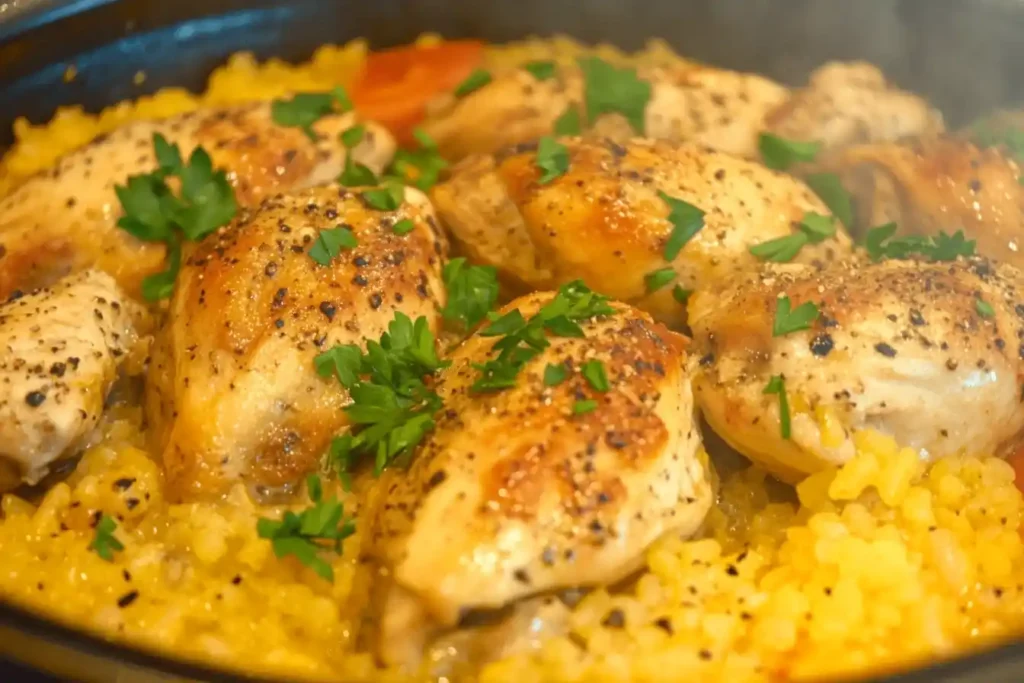 Close-up of steaming one-pot  topped with fresh parsley and featuring golden-brown pieces and fluffy.