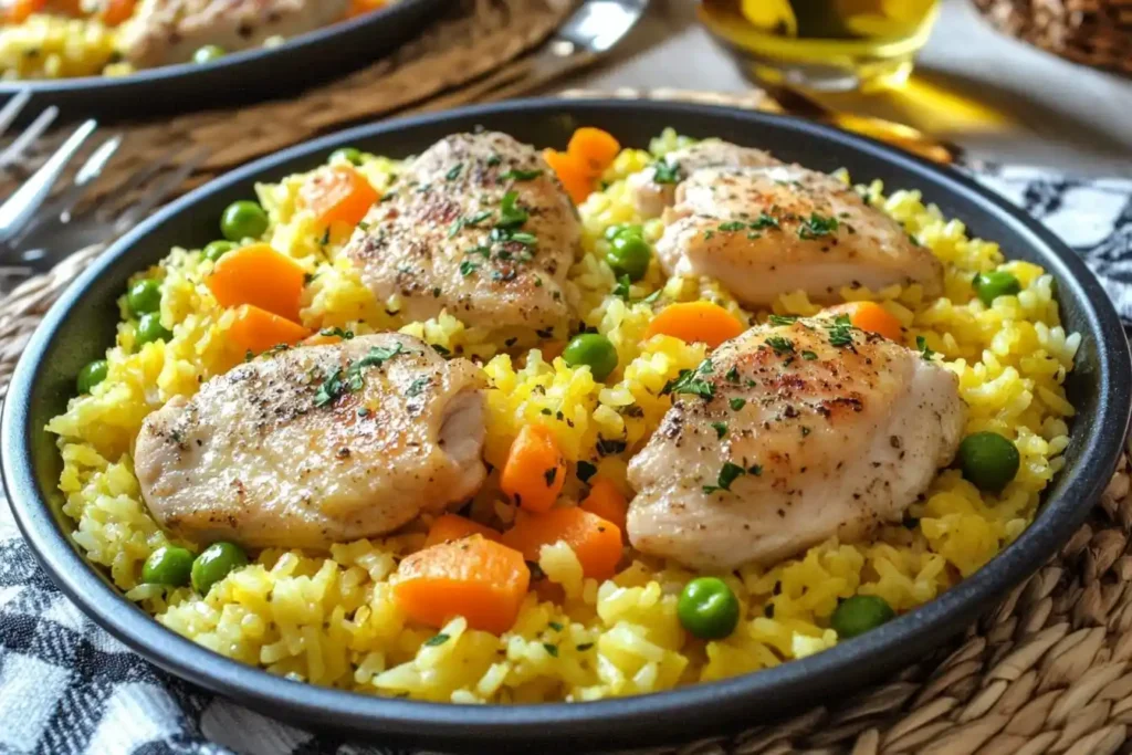 A bright and colorful plate of one-pot chicken and rice, filled with peas, carrots, and herbs for a nutritious meal.