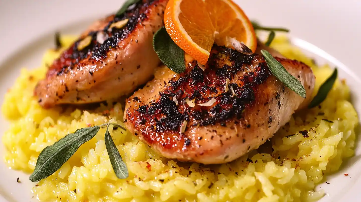 Plated yellow rice with herbs and citrus, served with roasted chicken.