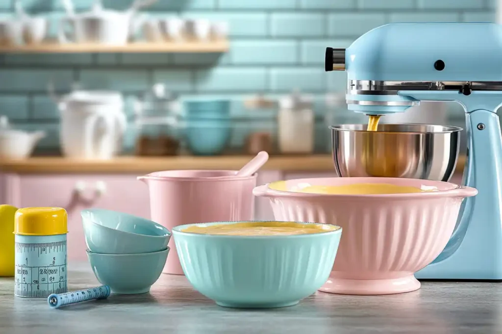 A colorful kitchen scene with mixing bowls, measuring cups, an electric mixer