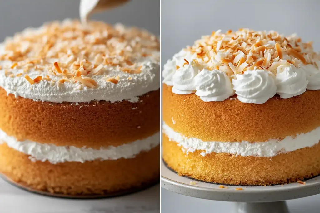 A sponge cake being soaked with coconut milk mixture, showing its perforated surface, and a second view of the assembled cake topped with whipped cream and toasted coconut.