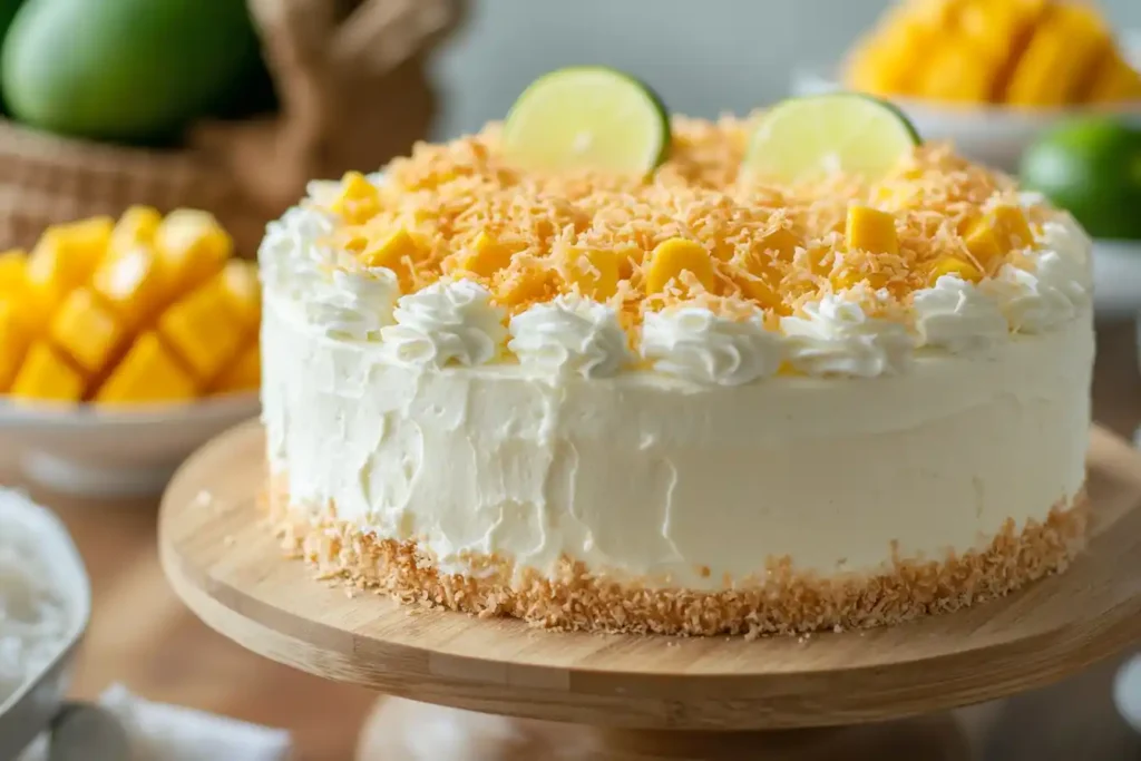 Three variations of a cake: one with lime zest, another with toasted coconut, and a third topped with fresh mango slices.