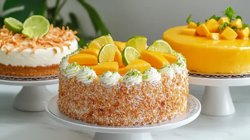 A trio of tropical cakes displayed on white cake stands: a coconut tres leches cake garnished with lime slices, toasted coconut, and whipped cream in the foreground, surrounded by a mango cheesecake and a mango mousse cake.