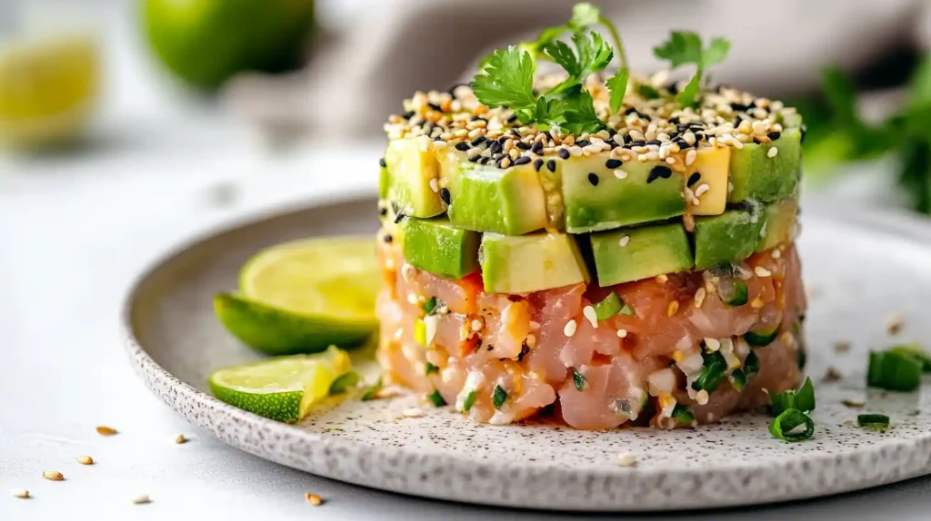 A close-up of a plated tuna tartare dish featuring layered tuna and avocado with sesame seed garnishes, framed by fresh lime slices and a clean, minimalist background