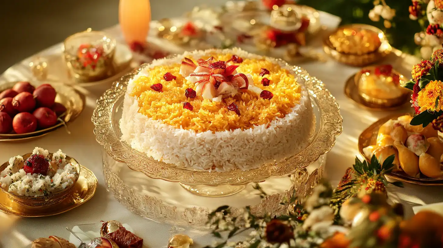 A festive table setup featuring sweet rice alongside other celebratory dishes, adorned with decorative tableware and vibrant garnishes.