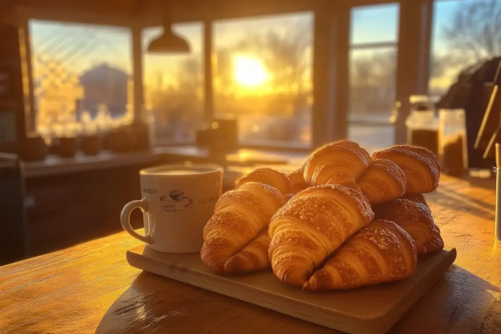 wiss bakery at sunrise, with a display of golden Homemade gipfeli recipe (Croissant) Bliss stacked alongside coffee cups