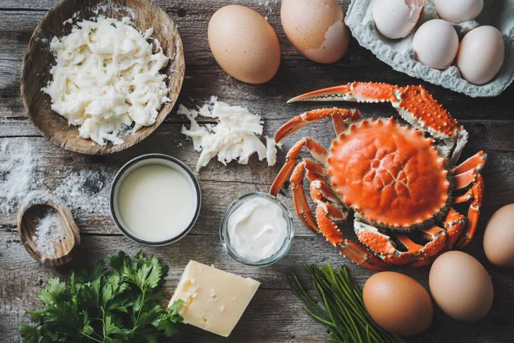 A flat-lay shot of the recipe crab ingredients, including fresh crab meat, eggs, cream, and cheese on a rustic wooden table