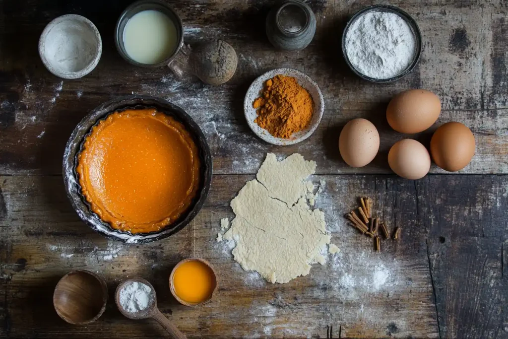 A flat-lay photograph showing the ingredients (pumpkin puree, spices, condensed milk, eggs, and pie crust) artfully arranged on a rustic kitchen counter