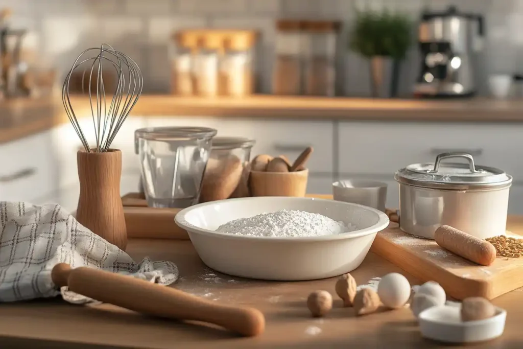 Side-angle photograph of a well-organized baking workstation, featuring tools like a whisk, rolling pin, and measuring cups.