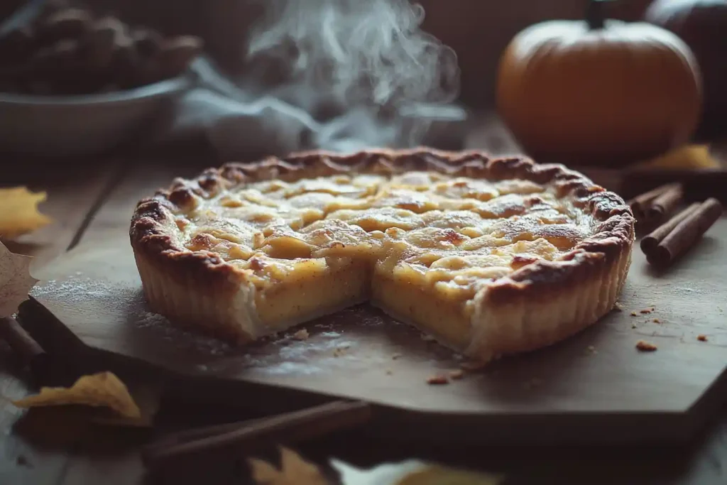 A close-up of a perfectly baked pumpkin pie, golden crust intact, placed on a wooden table with a fall-themed background (autumn leaves and cinnamon sticks).