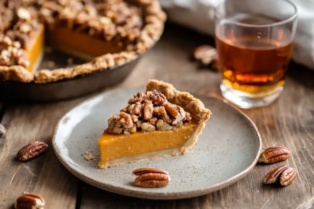 A creative variation featuring a slice of pumpkin pie topped with a pecan streusel, served alongside a small glass of bourbon on a rustic wooden table.Perfect Pairings for Pumpkin Pie