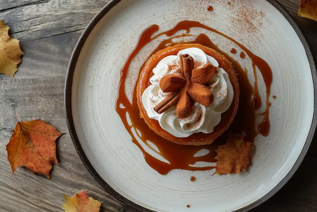 Showcase a fully garnished tarte with whipped cream swirls, a cinnamon dusting, and caramel drizzles. Use a rustic autumn-inspired plate setting.