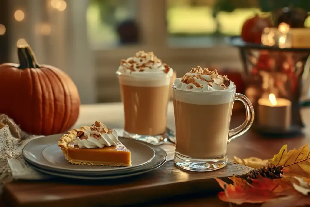 Showcase a family setting with slices of pumpkin pie served alongside spiced lattes and fall-themed décor (leaves, pumpkins, candles)