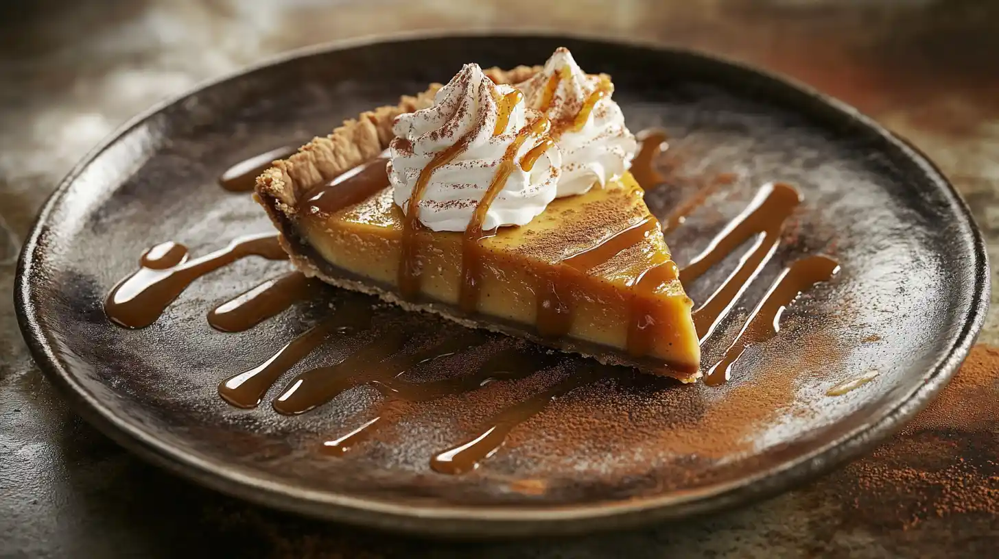 fully garnished pumpkin pie with whipped cream swirls, a cinnamon dusting, and caramel drizzles. Use a rustic autumn-inspired plate setting.