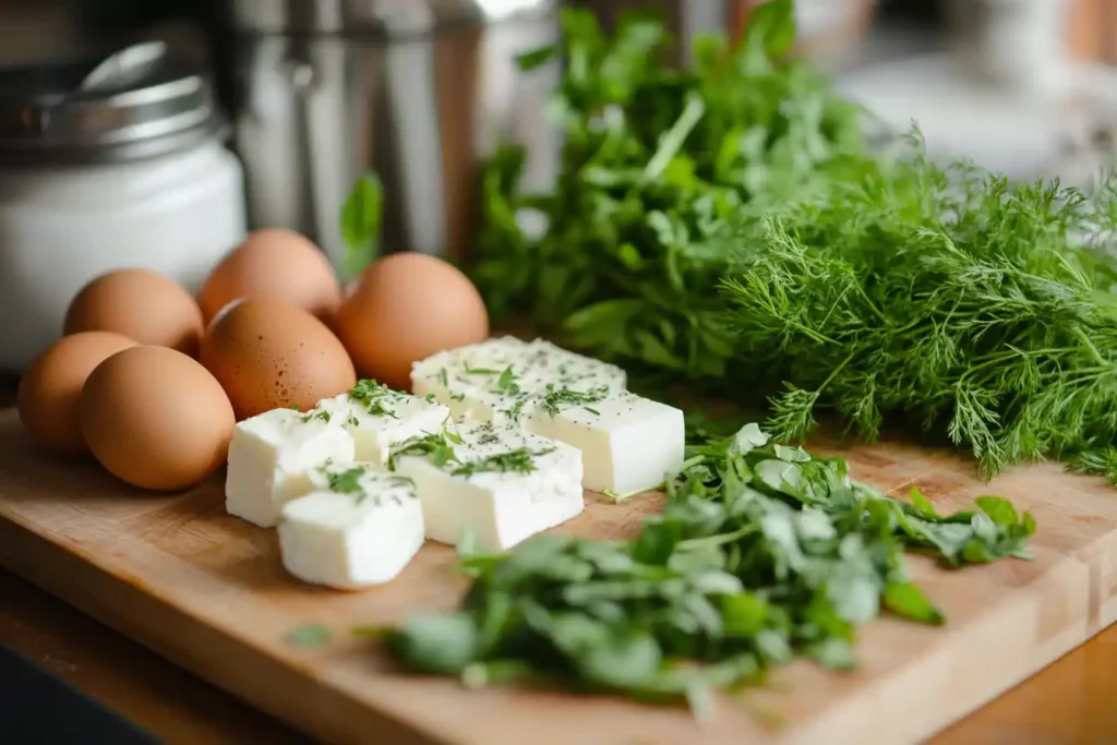 A close-up shot of fresh ingredients (cottage cheese, eggs, and herbs) arranged neatly on a wooden cutting board.