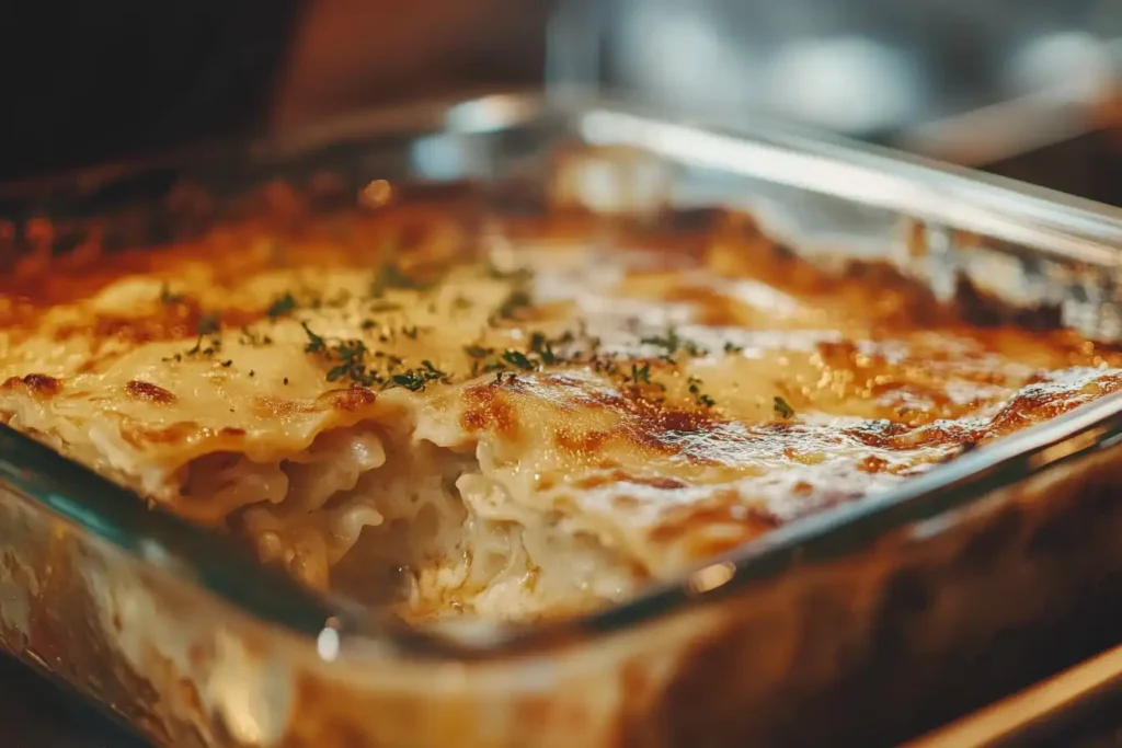 A close-up shot of a golden-brown, freshly baked barilla lasagna recipe in a glass dish, showing the rich noodles, bubbling cheese, and herbs sprinkled on top