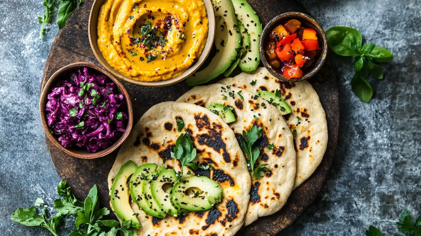 Overhead shot of flatbread served alongside colorful toppings like avocado slices, sautéed vegetables, and vibrant dips